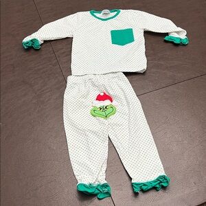 Polka Dot Pajama Set with Grinch Appliqué